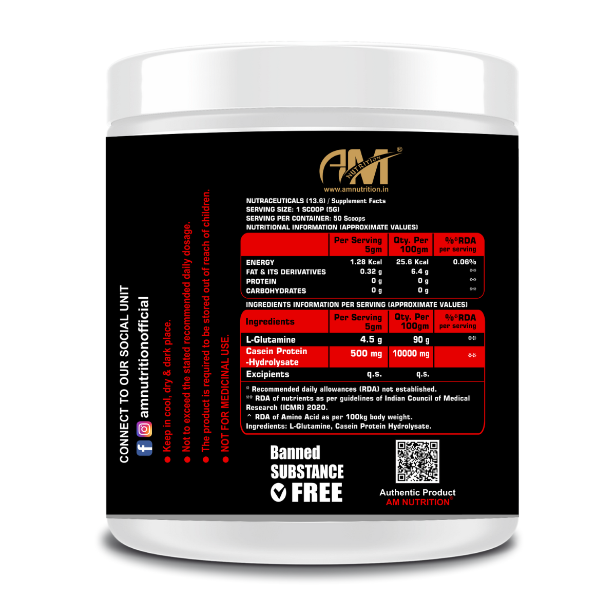 L- Glutamine 4500mg with 500mg of Casein Protein-Hydrolysate (50 Servings) - Image 2