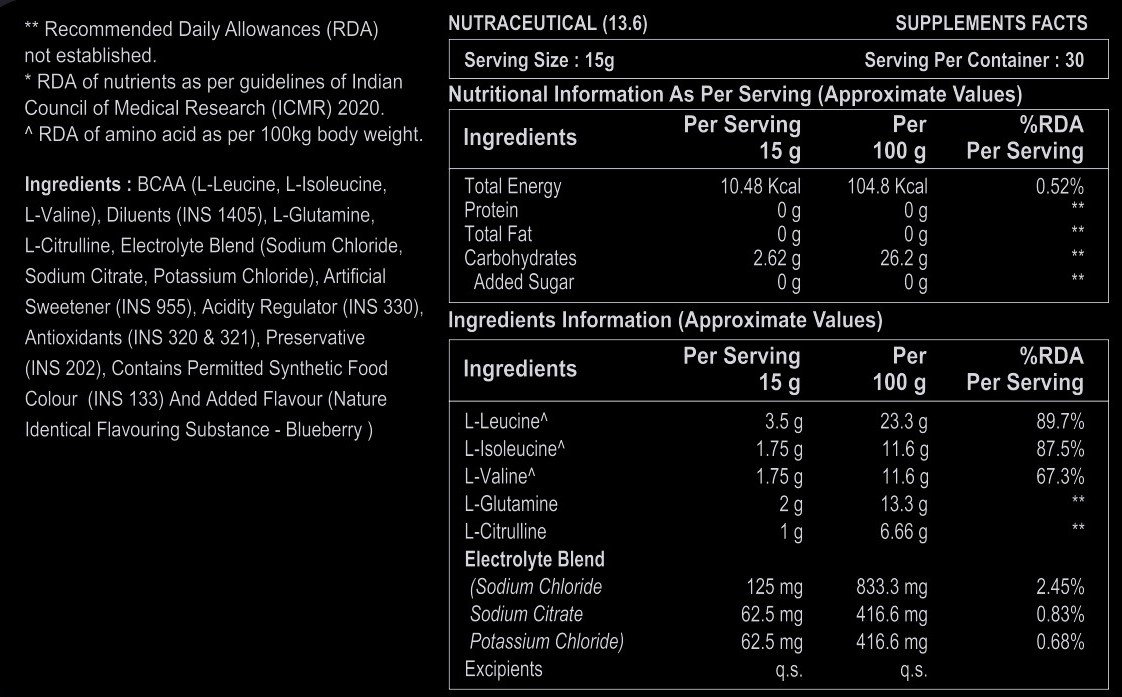 BCAA Powder | 7g BCAA 2:1:1 Ratio | 2g L-Glutamine | 1g L-Citrulline | For Muscle Recovery & Endurance, Intra workout | Zero Sugar | 30 Servings, 450g - Image 4