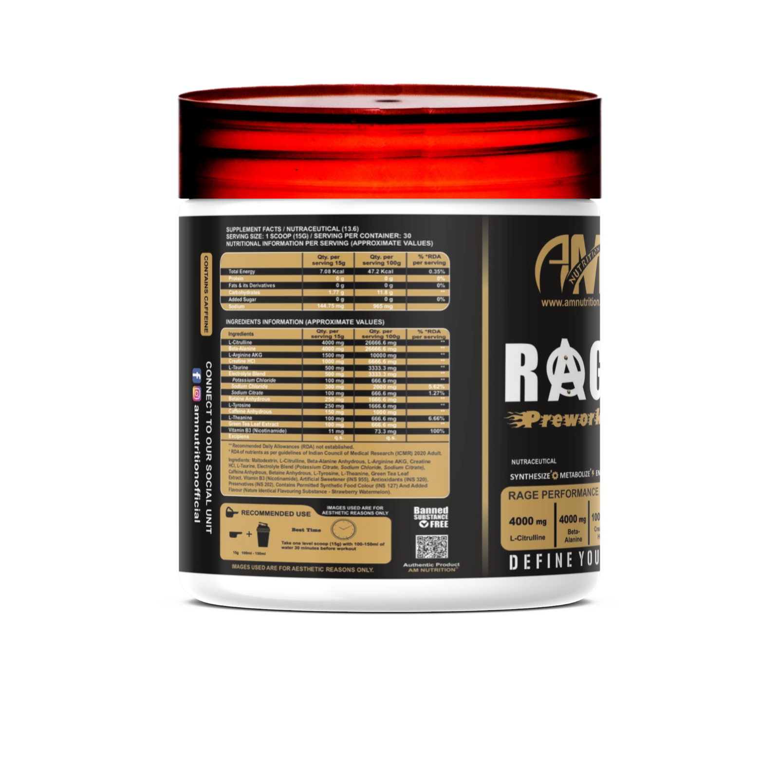 Rage Pre Workout For Energy, Focus & Performance (30 Servings, 450g) - Image 3